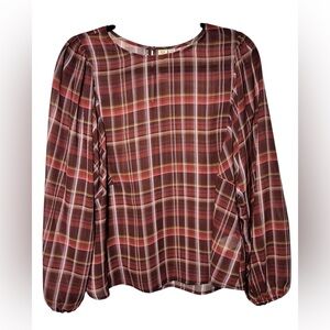 Dolan Brown and White Long Sleeve Blouse Size‎ Small Sheer Puff Sleeves Plaid